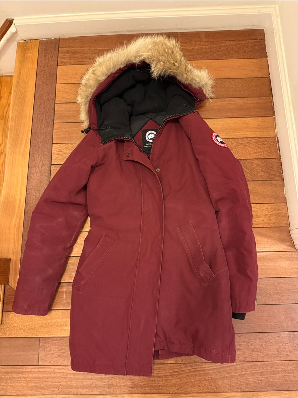 Canada Goose Women's Burgundy Hooded Coat with Detachable Real Fur Trim XS